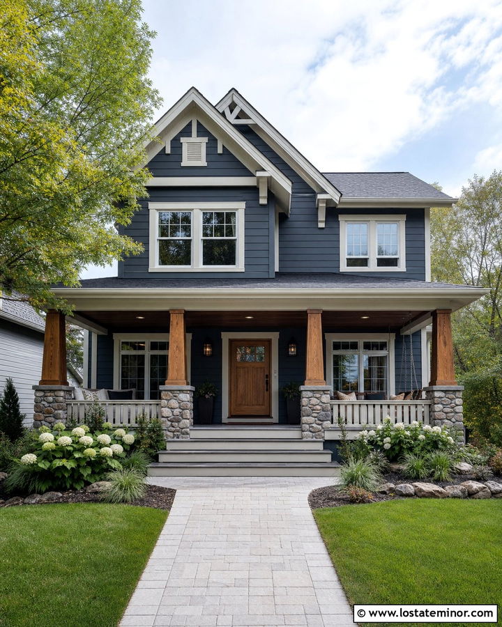 Slate Blue House With Natural Wood Front Door - 30 Slate Blue House Design With Entry Door Ideas