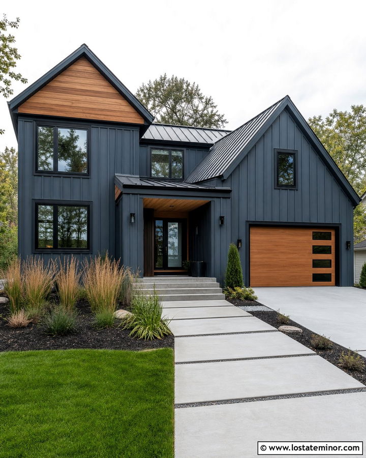 Slate Blue House With Natural Wood Gables - 30 Slate Blue House Design With Gables Ideas