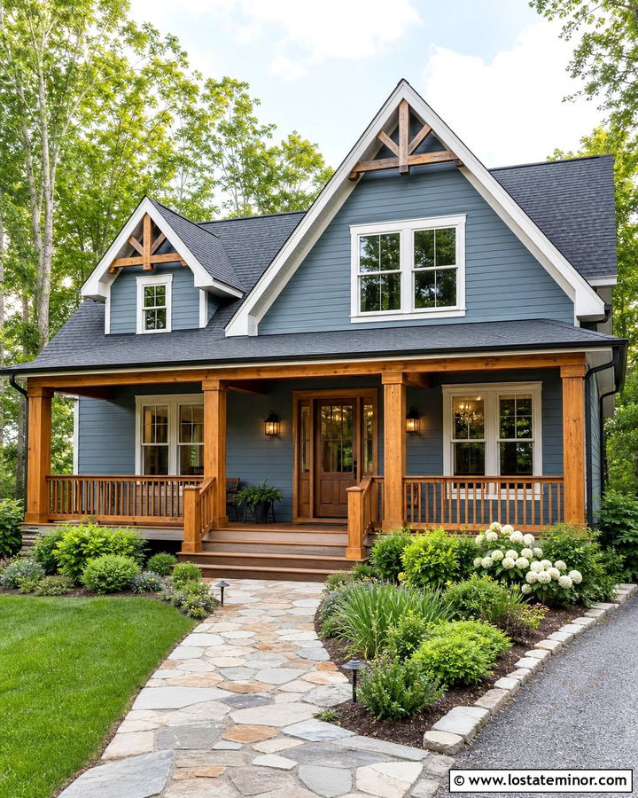 Slate Blue House With Natural Wood Porch - 30 Slate Blue House Design With Front Porch Ideas