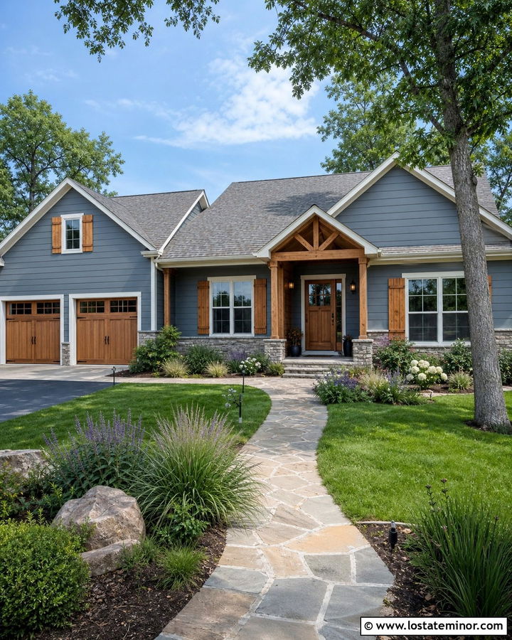 Slate Blue House With Natural Wood Shutters - 30 Slate Blue House Design With Accents Ideas