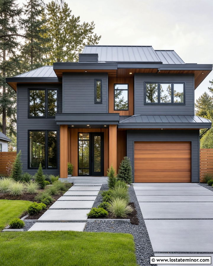 Slate Blue House With Natural Wood Trim - 30 Slate Blue House Design With Trim Ideas