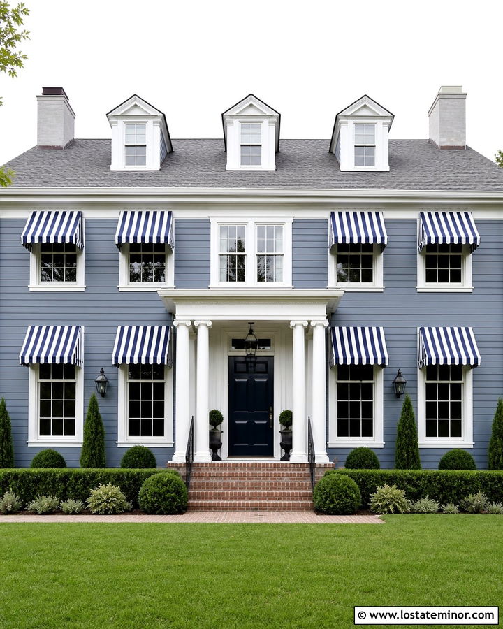 Slate Blue House With Navy Striped Awnings - 30 Slate Blue House Design With Awning Ideas