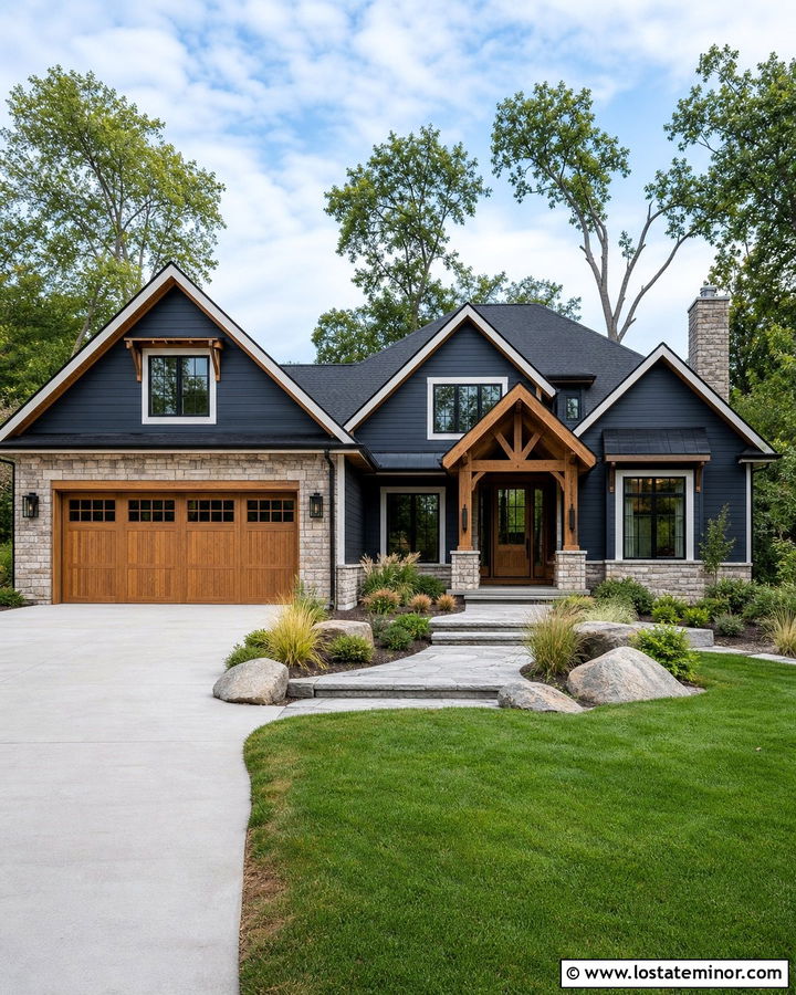 Slate Blue House With Oak Garage Door And Stone - 30 Slate Blue House Design With Garage Door Ideas
