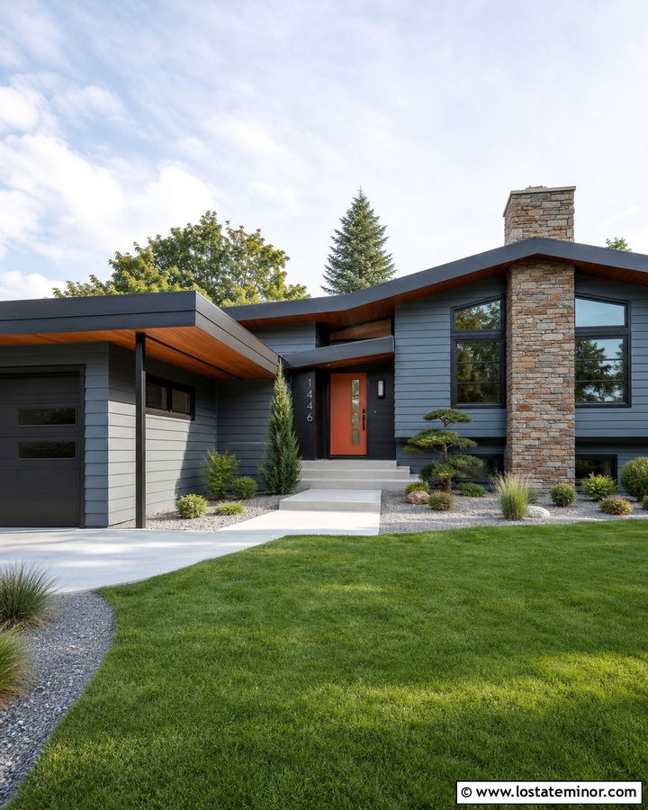 Slate Blue House With Orange Door And House Numbers - 30 Slate Blue House Design With House Numbers Ideas