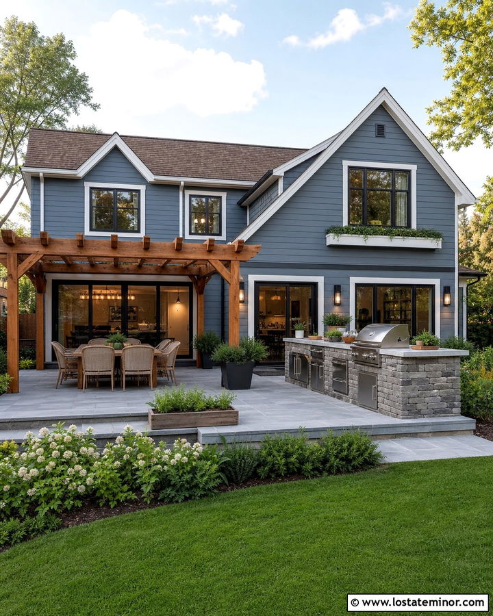 Slate Blue House With Outdoor Kitchen Patio - 30 Slate Blue House Design With Backyard Ideas