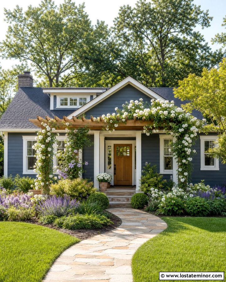 Slate Blue House With Pergola And Greenery - 30 Slate Blue House Design With Pergola Ideas