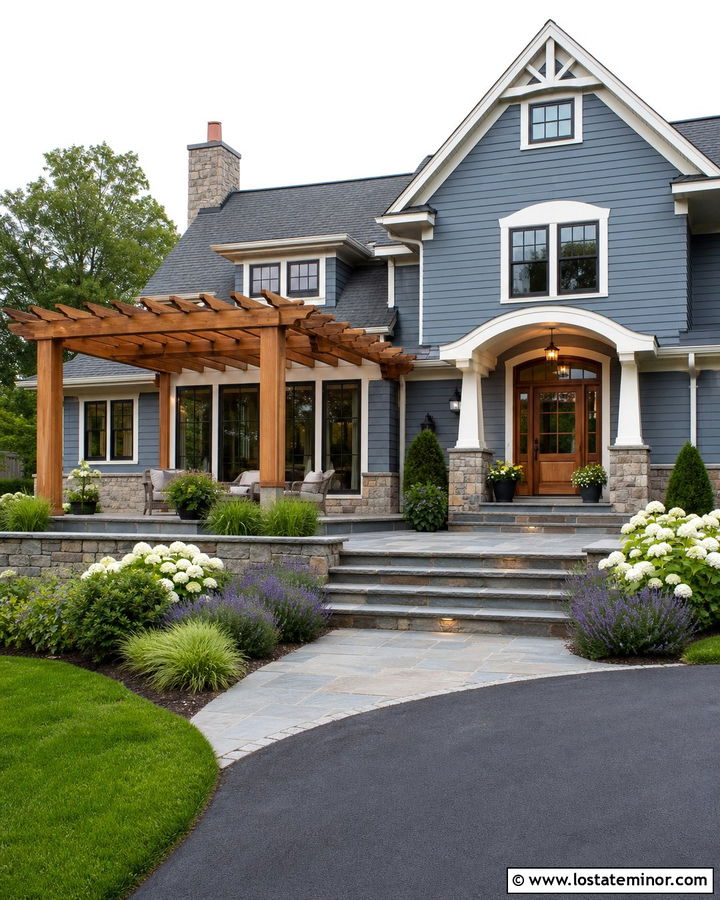 Slate Blue House With Pergola And Stone Patio - 30 Slate Blue House Design With Pergola Ideas