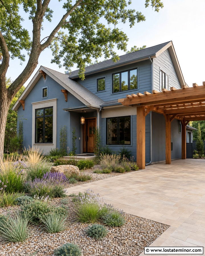 Slate Blue House With Pergola Carport - 30 Slate Blue House Design With Carport Ideas