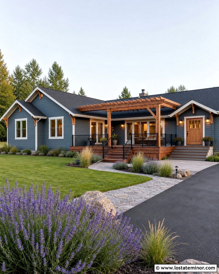 Slate Blue House With Pergola Deck - 30 Slate Blue House Design With Deck Ideas