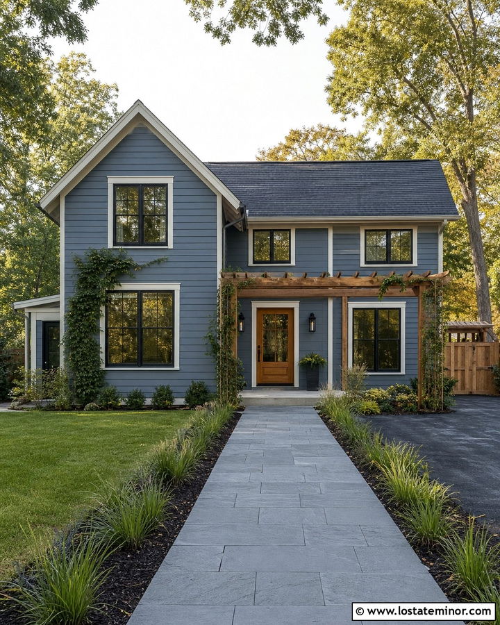 Slate Blue House With Pergola Entry And Paver Walkway - 30 Slate Blue House Design With Walkway Ideas