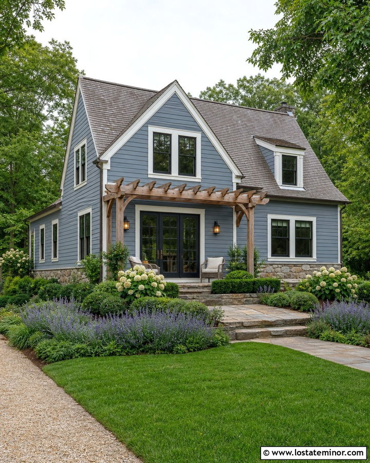 Slate Blue House With Pergola Over French Doors - 30 Slate Blue House Design With Pergola Ideas