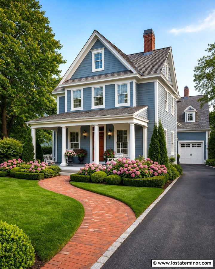 Slate Blue House With Pink Hydrangeas - 30 Slate Blue House Design With Landscaping Ideas