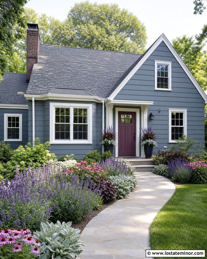 Slate Blue House With Plum Door And Colorful Perennial Yard - 30 Slate Blue House Design With Front Yard Ideas