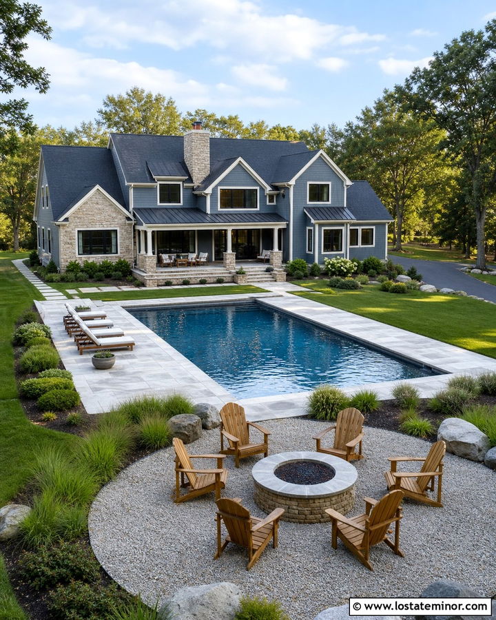 Slate Blue House With Pool And Fire Pit - 30 Slate Blue House Design With Swimming Pool Ideas