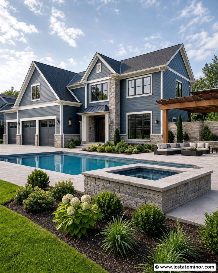 Slate Blue House With Pool And Hot Tub - 30 Slate Blue House Design With Swimming Pool Ideas