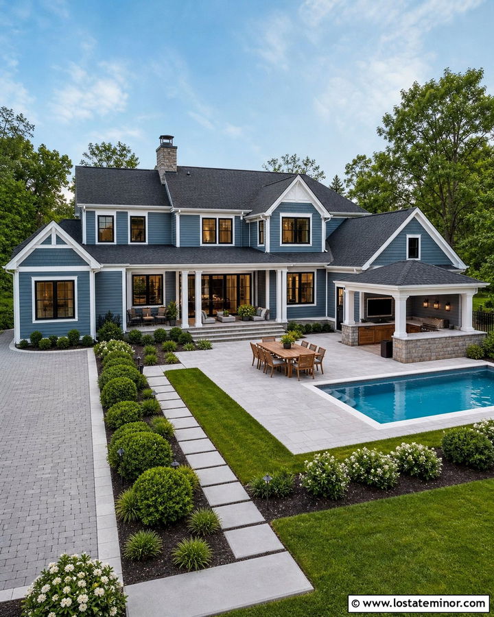 Slate Blue House With Pool And Outdoor Kitchen - 30 Slate Blue House Design With Swimming Pool Ideas