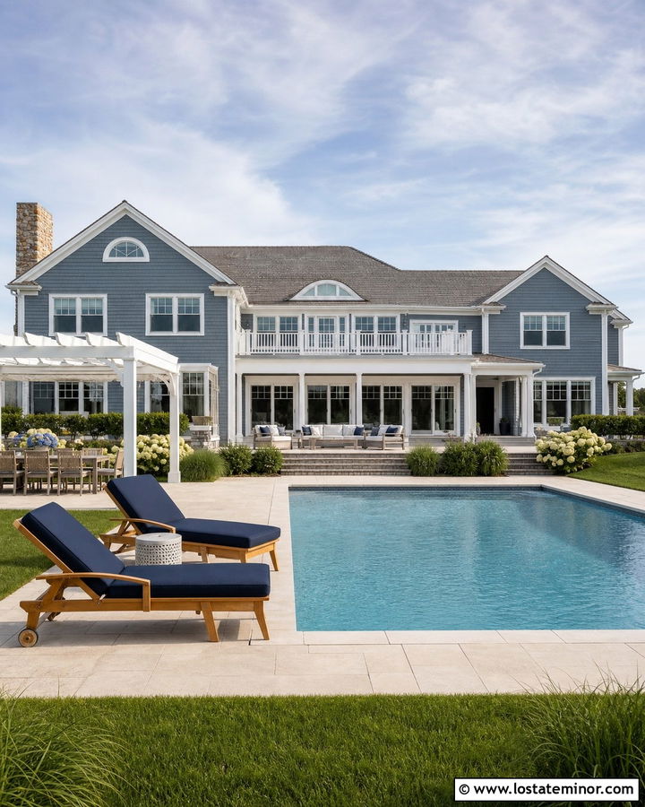 Slate Blue House With Pool And White Deck - 30 Slate Blue House Design With Backyard Ideas
