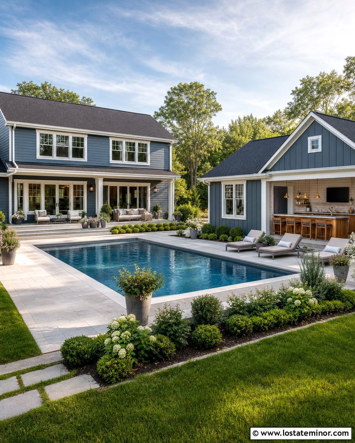 Slate Blue House With Pool House - 30 Slate Blue House Design With Swimming Pool Ideas