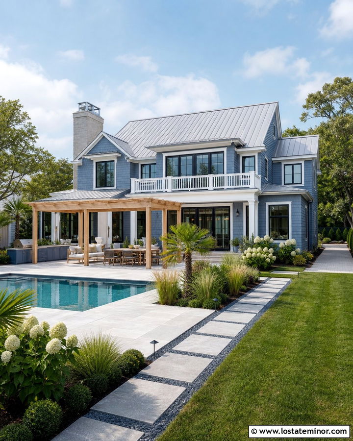 Slate Blue House With Poolside Pergola - 30 Slate Blue House Design With Pergola Ideas