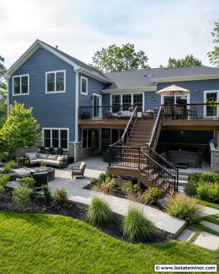 Slate Blue House With Raised Deck And Patio - 30 Slate Blue House Design With Backyard Ideas