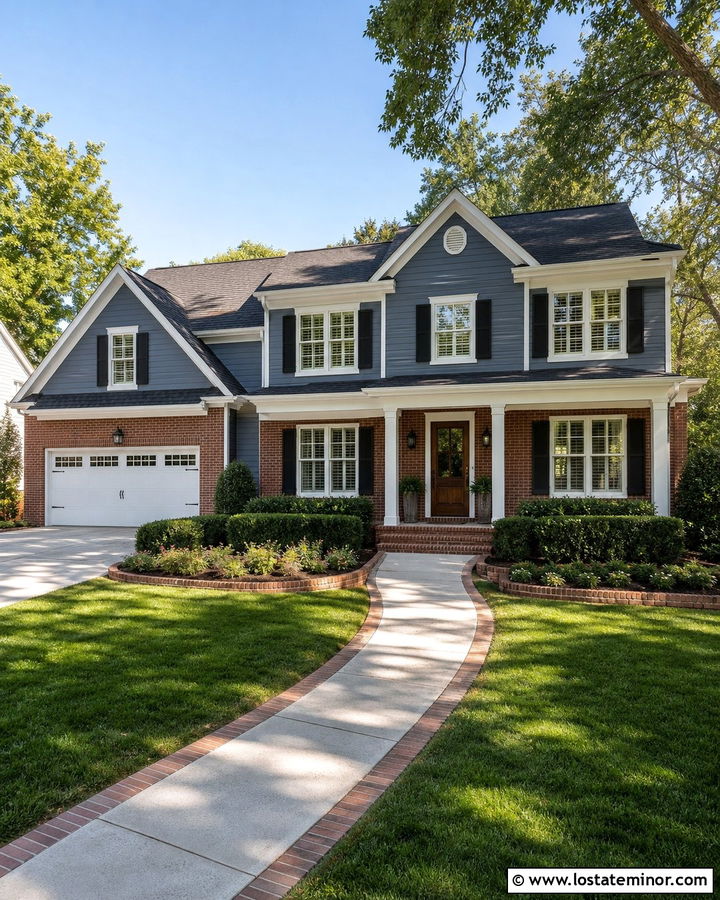 Slate Blue House With Red Brick And Carriage Lights - 30 Slate Blue House Design With Lighting Ideas
