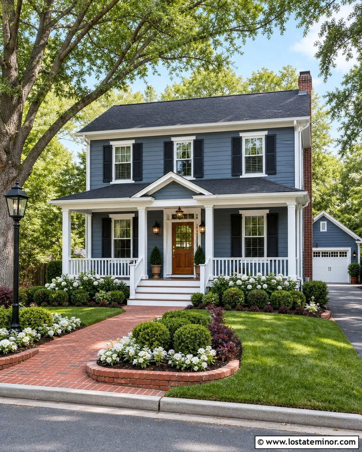 Slate Blue House With Red Brick Walkway - 30 Slate Blue House Design With Landscaping Ideas