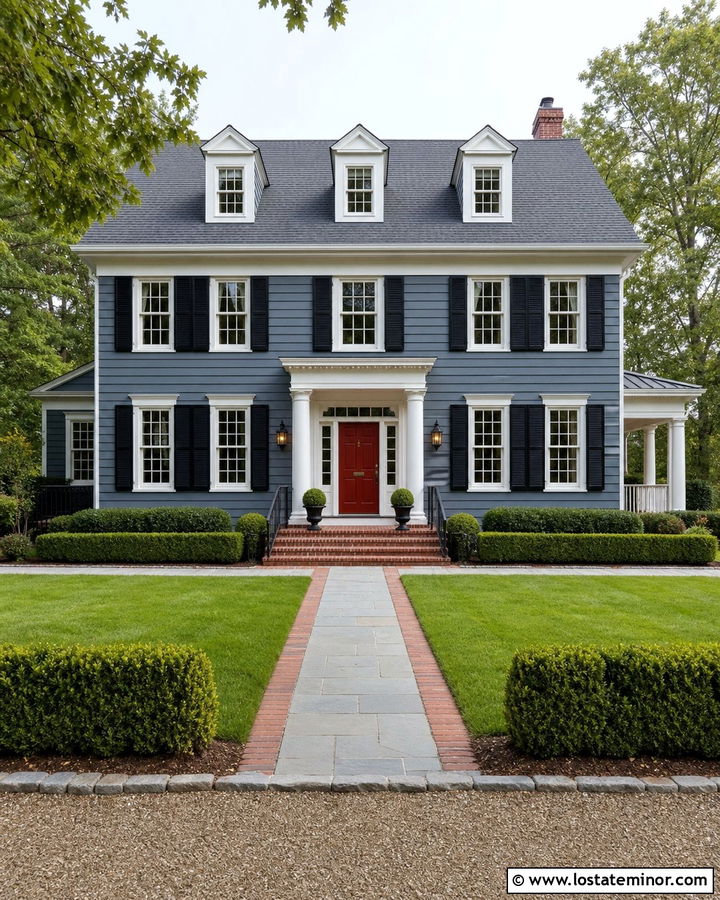 Slate Blue House With Red Door And Black Shutters - 30 Slate Blue House Design With Shutters Ideas