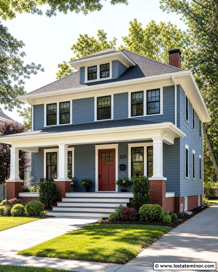 Slate Blue House With Red Door And House Numbers - 30 Slate Blue House Design With House Numbers Ideas