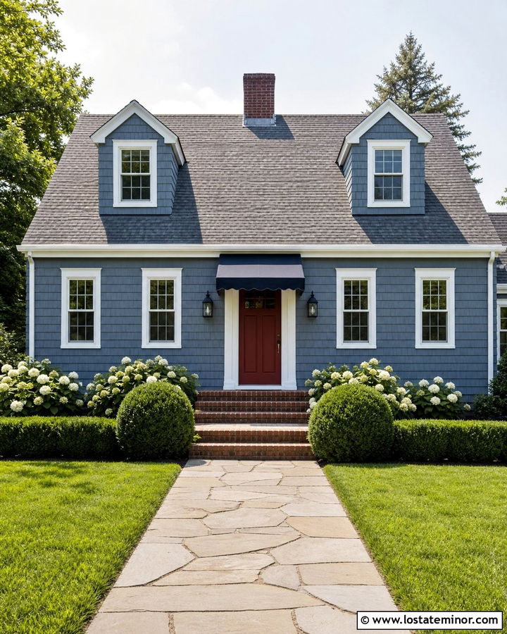 Slate Blue House With Red Door And Navy Awning - 30 Slate Blue House Design With Awning Ideas