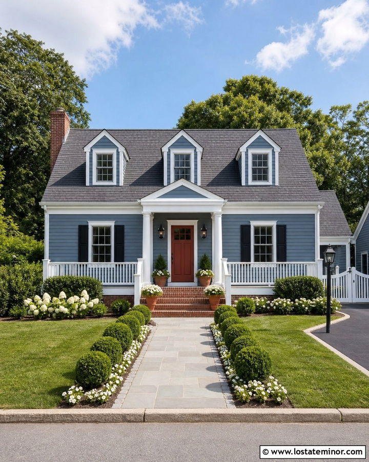 Slate Blue House With Red Door And White Columns - 30 Slate Blue House Design With Porch Columns Ideas
