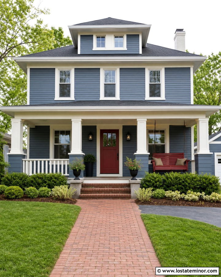 Slate Blue House With Red Porch Swing - 30 Slate Blue House Design With Swing Ideas