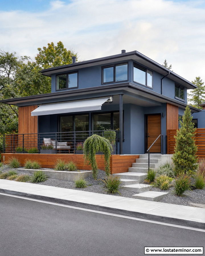 Slate Blue House With Retractable Deck Awning - 30 Slate Blue House Design With Awning Ideas