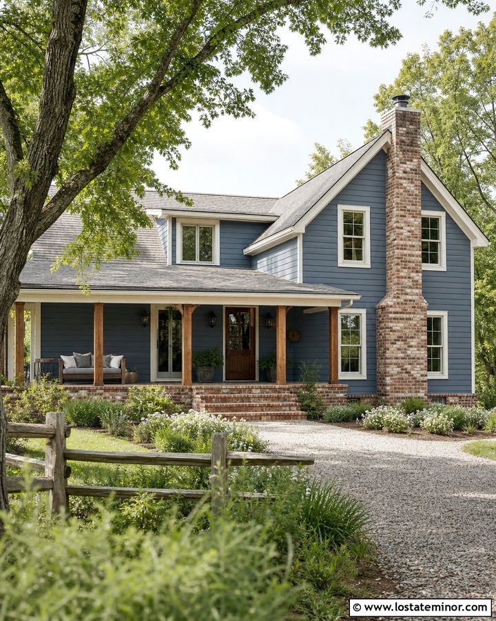 Slate Blue House With Rustic Brick - 30 Slate Blue House Design With Brick Accents Ideas
