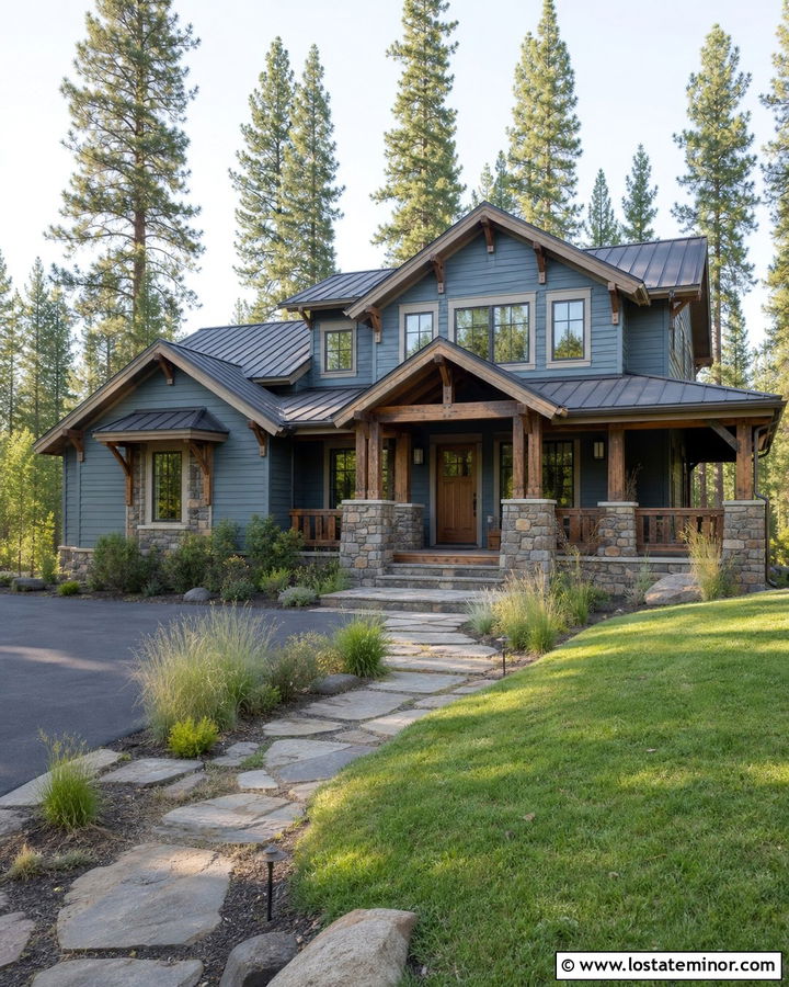Slate Blue House With Rustic Timber Porch - 30 Slate Blue House Design With Front Porch Ideas