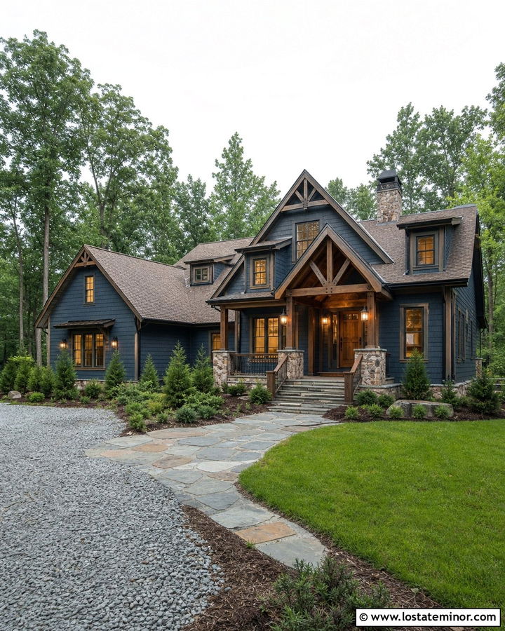 Slate Blue House With Rustic Wood Lights - 30 Slate Blue House Design With Light Fixtures Ideas