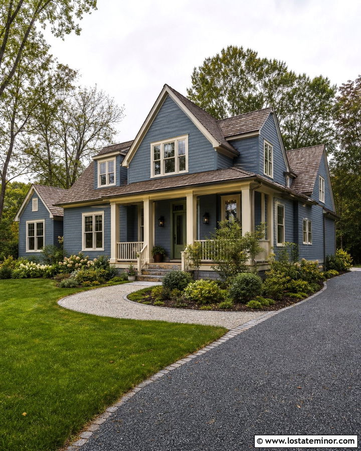 Slate Blue House With Sage Door And Cream Columns - 30 Slate Blue House Design With Porch Columns Ideas