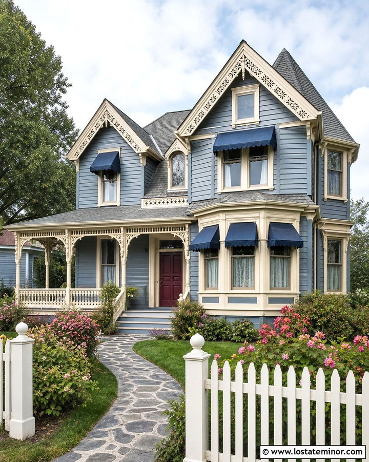 Slate Blue House With Scalloped Blue Awnings - 30 Slate Blue House Design With Awning Ideas