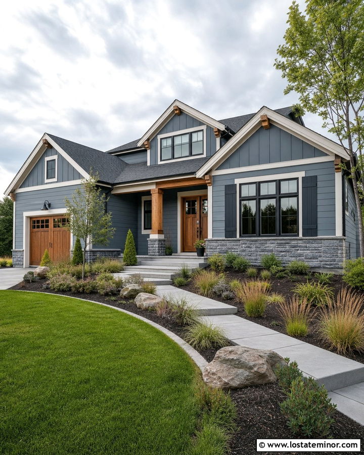 Slate Blue House With Shutters And Natural Wood Accents - 30 Slate Blue House Design With Shutters Ideas