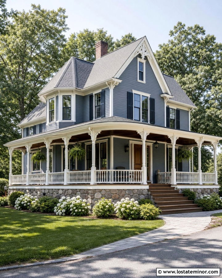 Slate Blue House With Shutters And Wraparound Porch - 30 Slate Blue House Design With Shutters Ideas