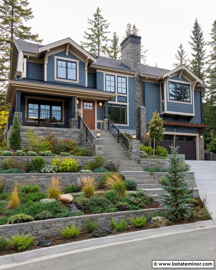 Slate Blue House With Sloped Front Yard - 30 Slate Blue House Design With Landscaping Ideas