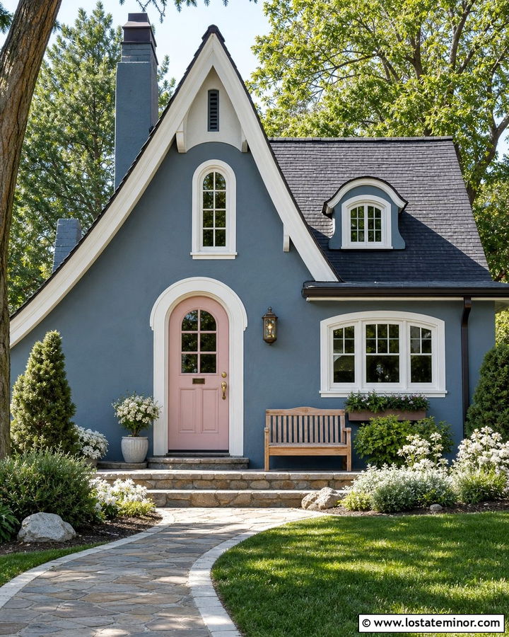 Slate Blue House With Soft Pink Front Door - 30 Slate Blue House Design With Front Door Ideas