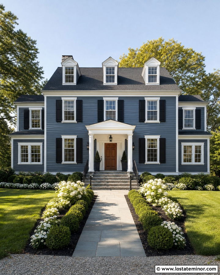 Slate Blue House With Steps And Black Shutters - 30 Slate Blue House Design With Steps Ideas