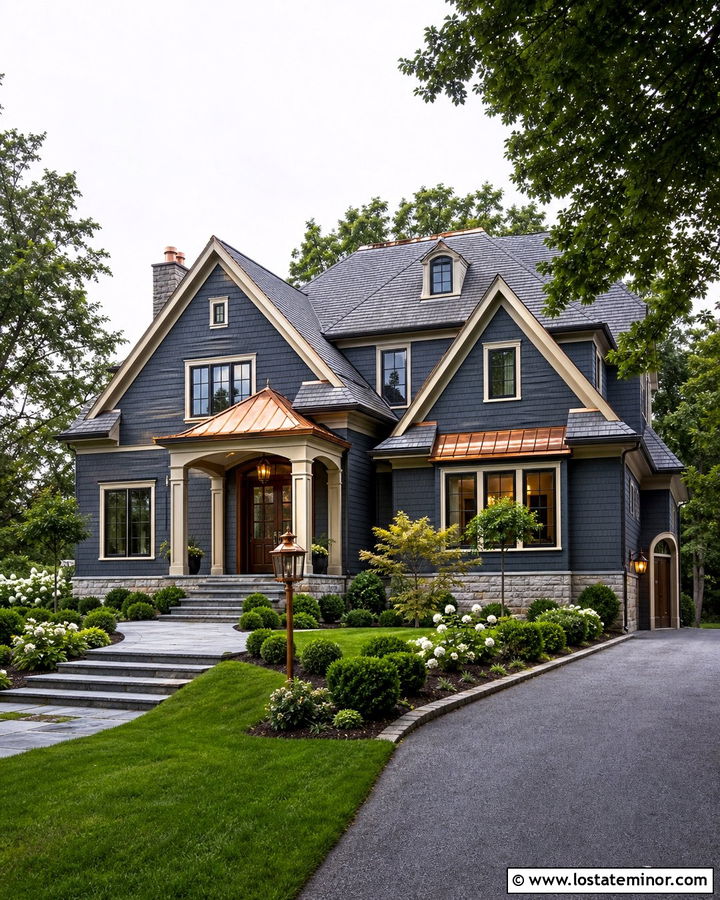 Slate Blue House With Steps And Copper Accents - 30 Slate Blue House Design With Steps Ideas