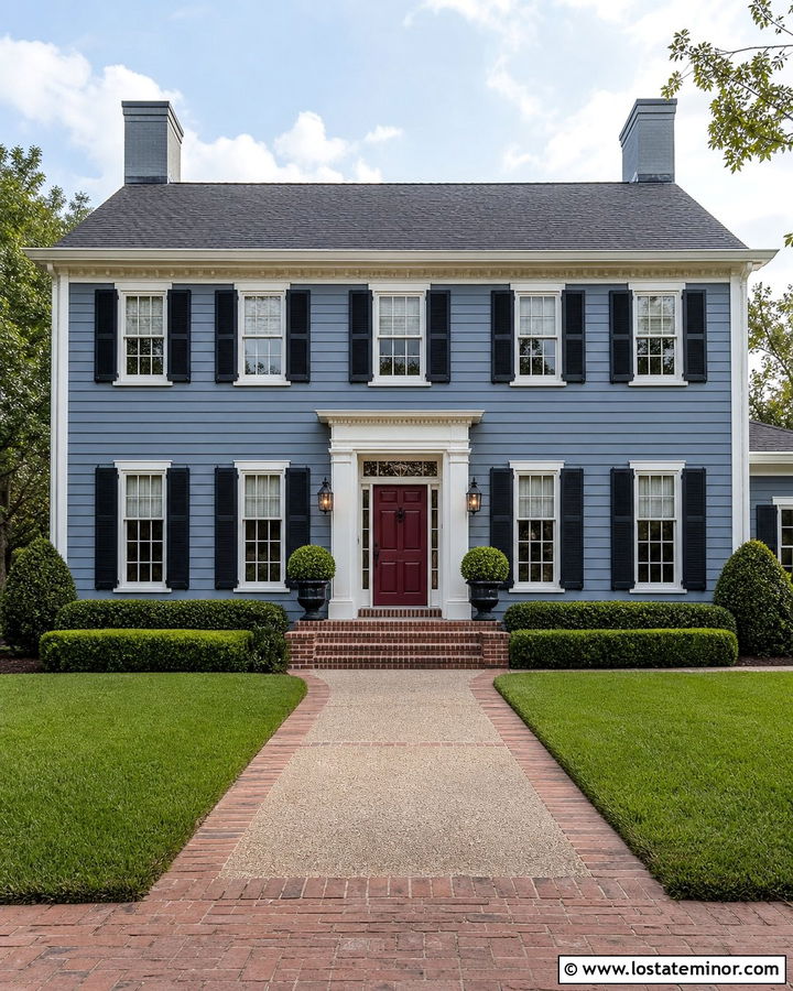 Slate Blue House With Steps And Red Door - 30 Slate Blue House Design With Steps Ideas