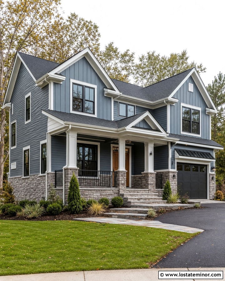 Slate Blue House With Steps And Stone Veneer - 30 Slate Blue House Design With Steps Ideas