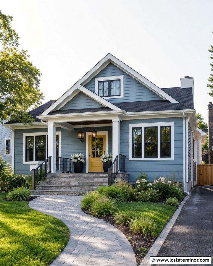 Slate Blue House With Steps And Yellow Door - 30 Slate Blue House Design With Steps Ideas