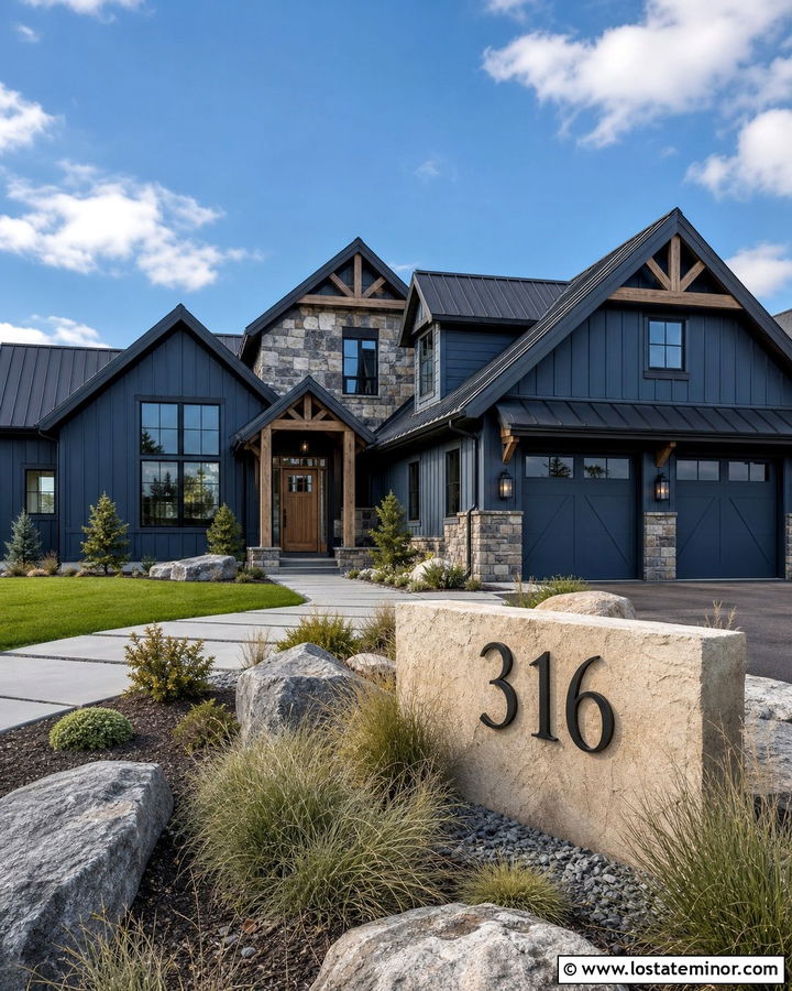 Slate Blue House With Stone Accents And Numbers - 30 Slate Blue House Design With House Numbers Ideas