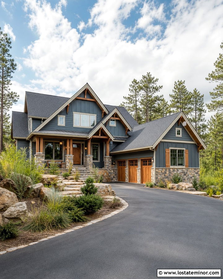 Slate Blue House With Stone And Cedar Shutters - 30 Slate Blue House Design With Shutters Ideas