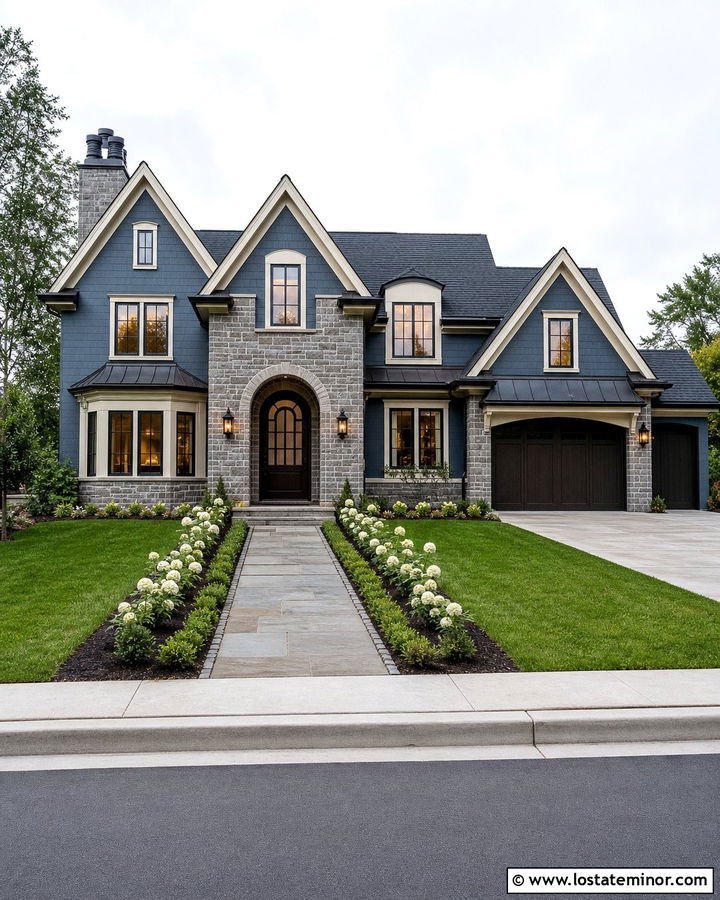 Slate Blue House With Stone Arch Entry - 30 Slate Blue House Design With Stone Accents Ideas