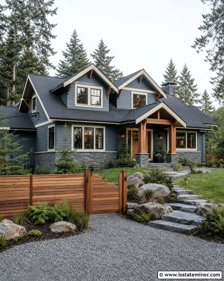 Slate Blue House With Stone Base And Cedar Fence - 30 Slate Blue House Design With Fence Ideas